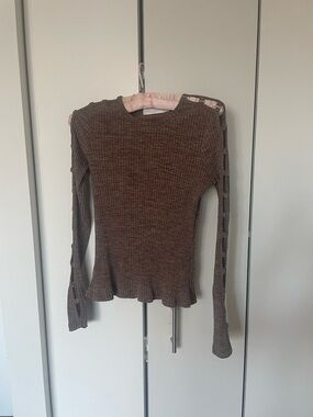 Jonathan Simkhai Brown Ribbed Long Sleeve Top with Sleeve Cutouts